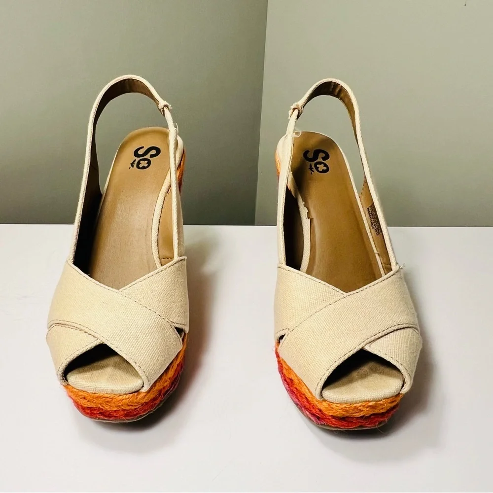 SO Beige Wedges with Orange and Purple Accents
